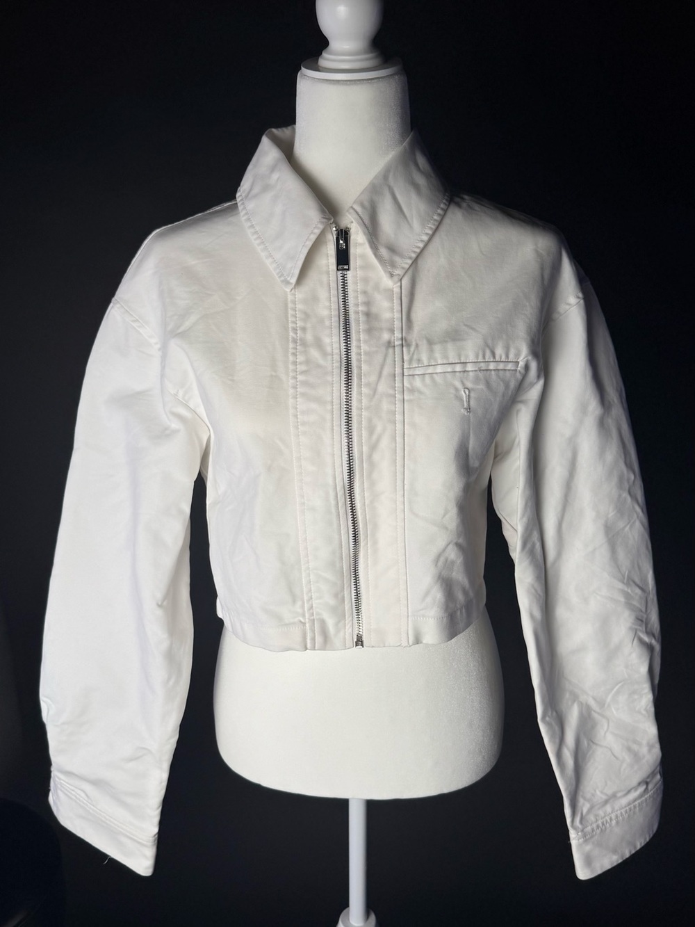Zara White Cropped Zip-Front Jean Jacket
